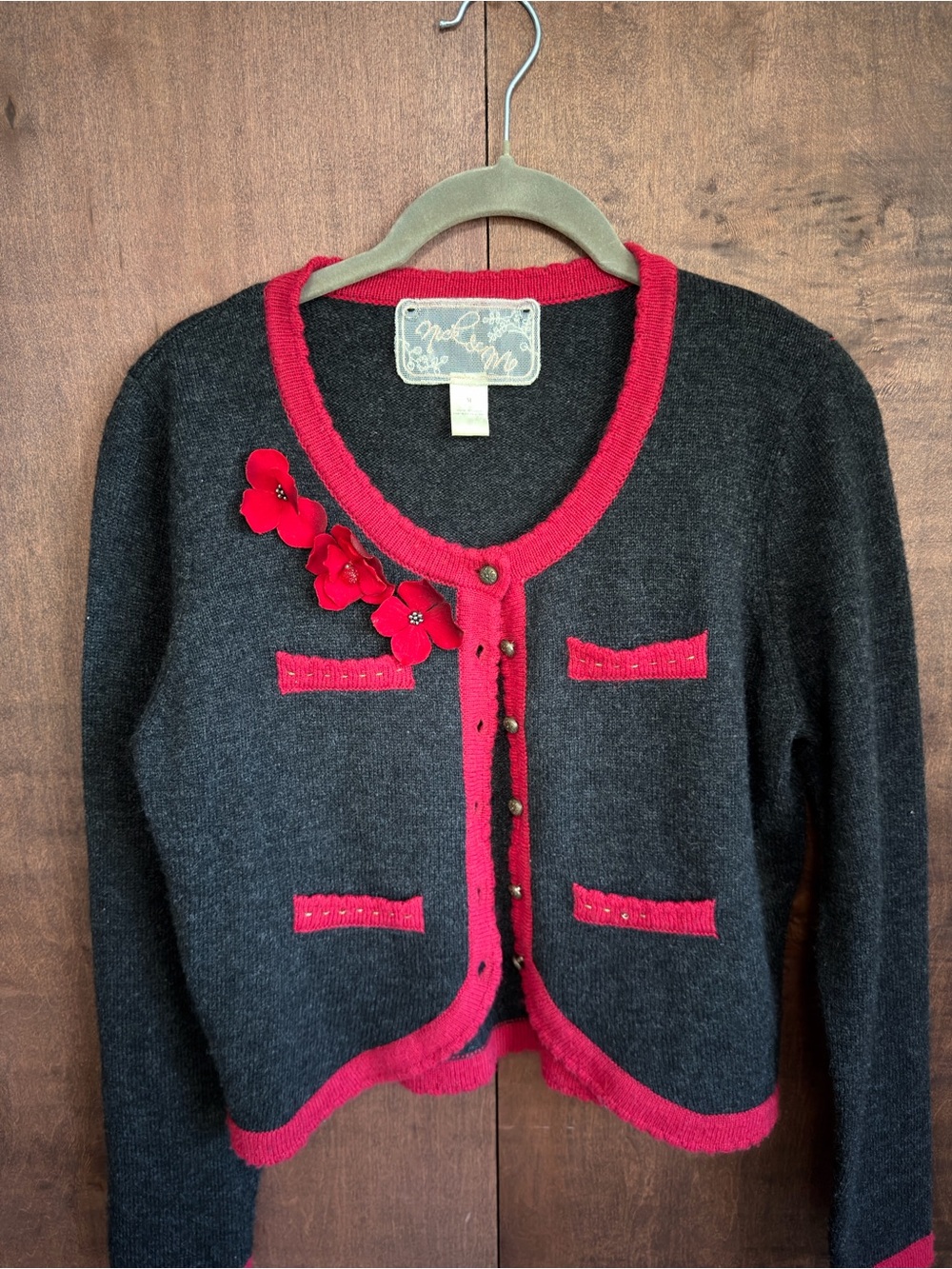 Wool Blend Charcoal Cardigan with Red Trim and Floral Accent ( 1029)
